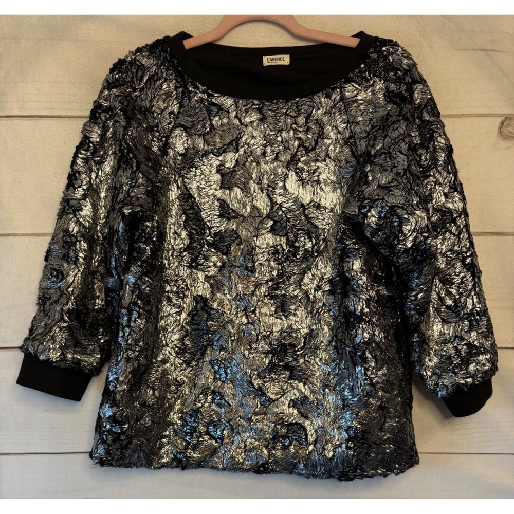 L'AGENCE Metallic Silver Black Textured Faux Fur Sweatshirt Top Women Med